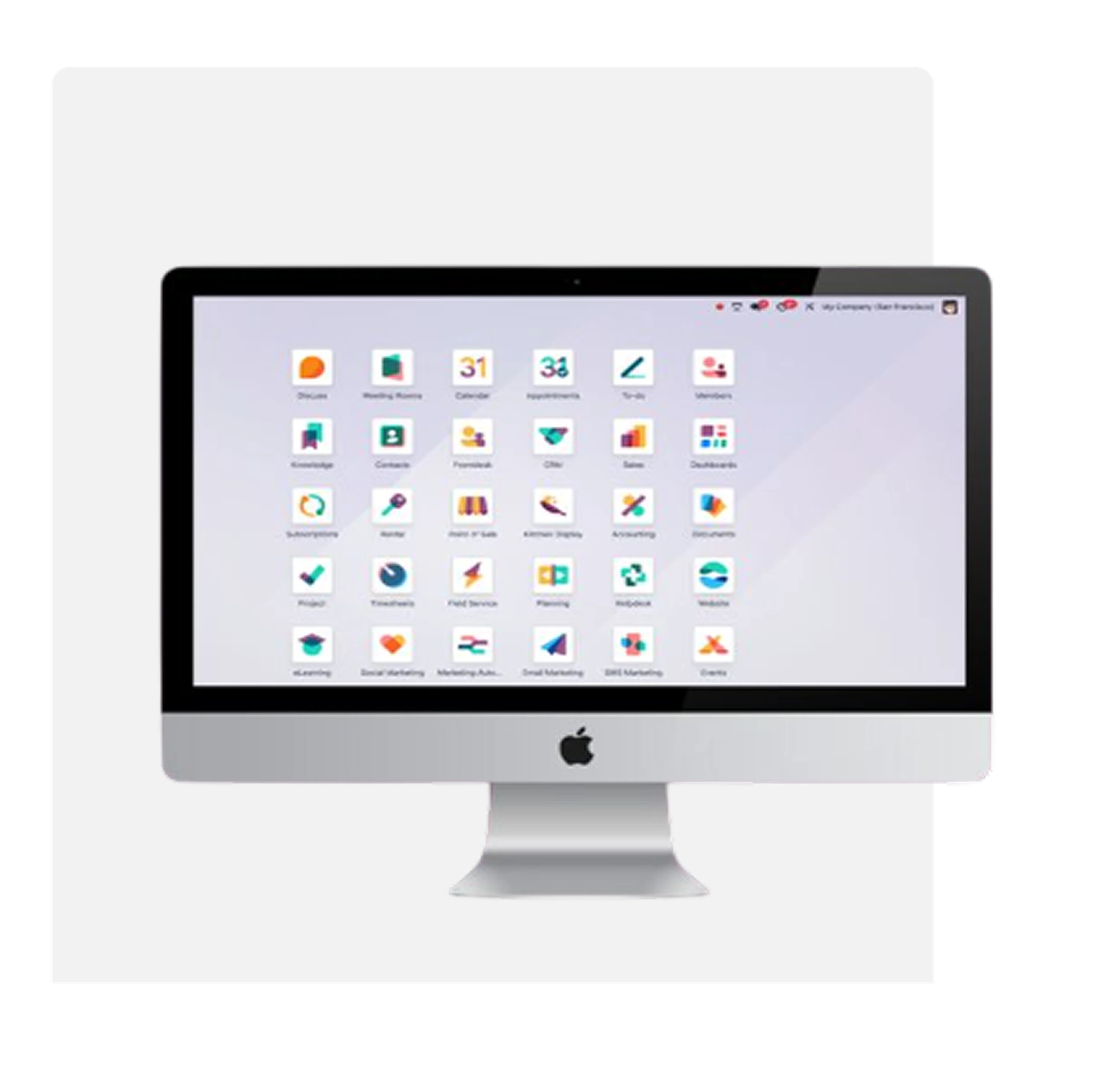 Monitor de computadora mostrando un escritorio con múltiples iconos de aplicaciones empresariales