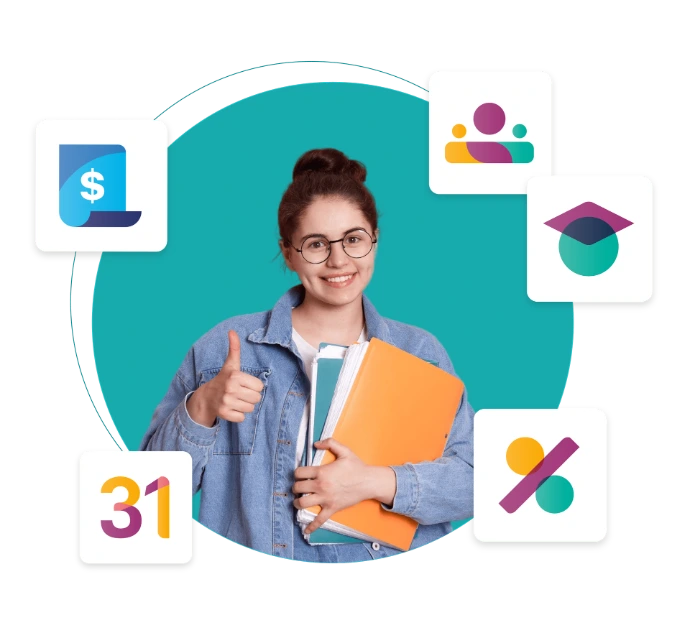 Mujer joven sonriente sosteniendo carpetas, rodeada de iconos flotantes de herramientas empresariales y gestión.